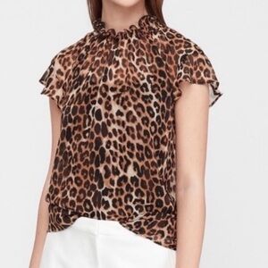 Express mock neck sheer leopard print short sleeve blouse top brown black S